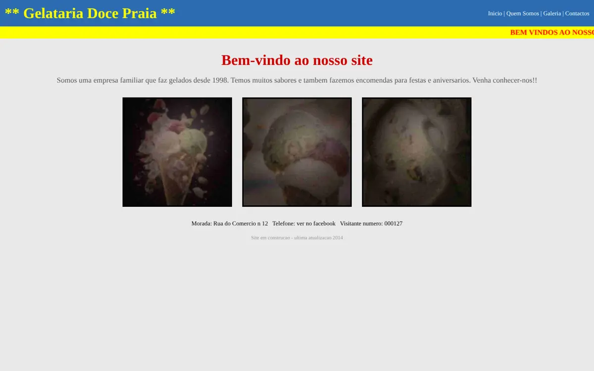 Site antigo da gelataria com letras amarelas e texto a passar