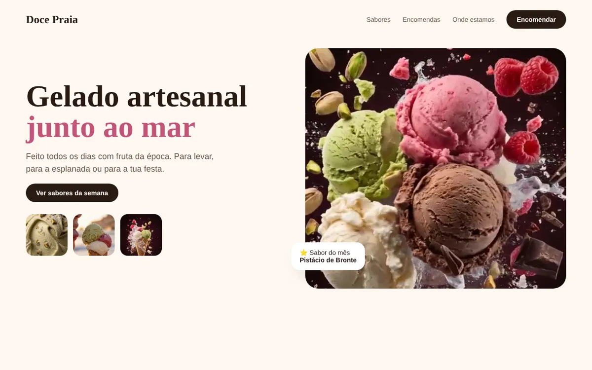 Site novo da gelataria, limpo, com foto grande e botão de encomenda